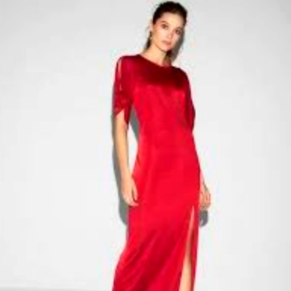 Express Red Satin look Open Tie Sleeve Slit Maxi Dress - Picture 1 of 9